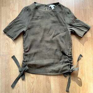 H&M olive khaki gauzy short sleeve top w/side ties (Sz 2)